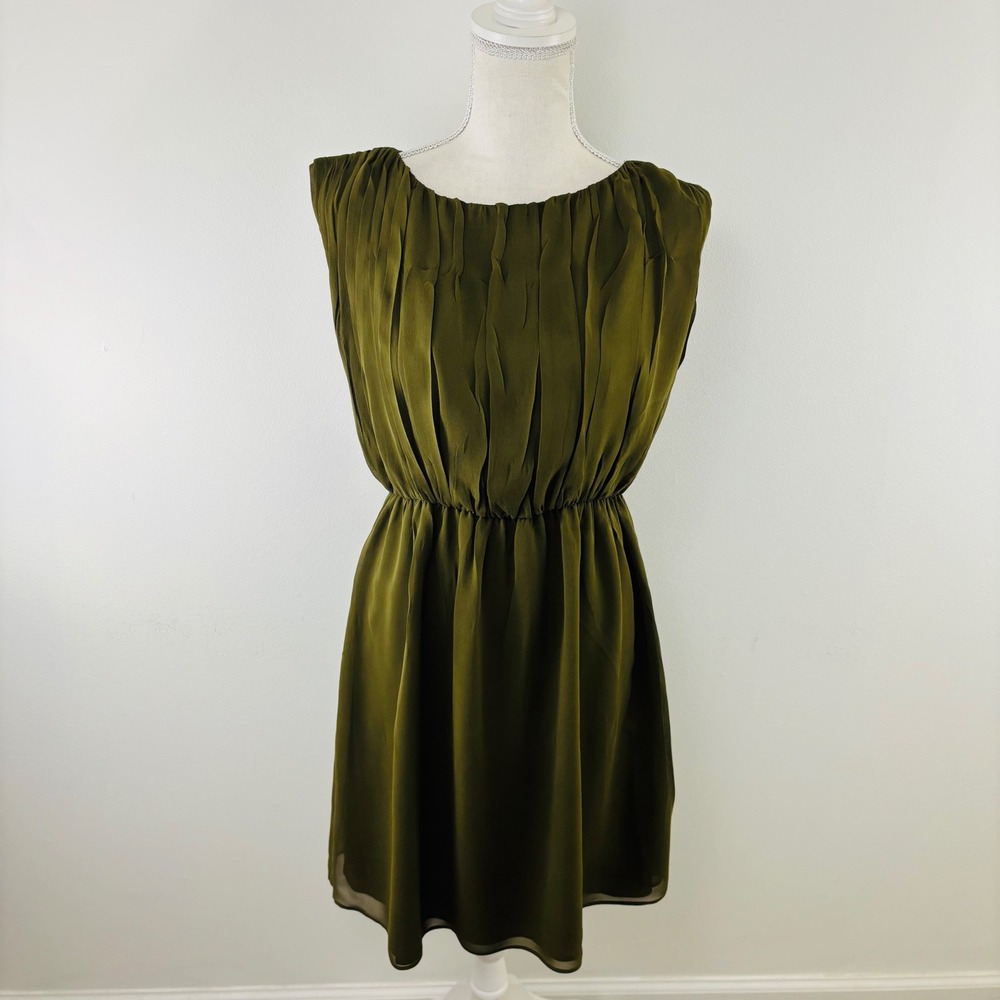 Alice + Olivia Women's Dress Josie Green Ruched Silk Blouson Boat Neck Size M